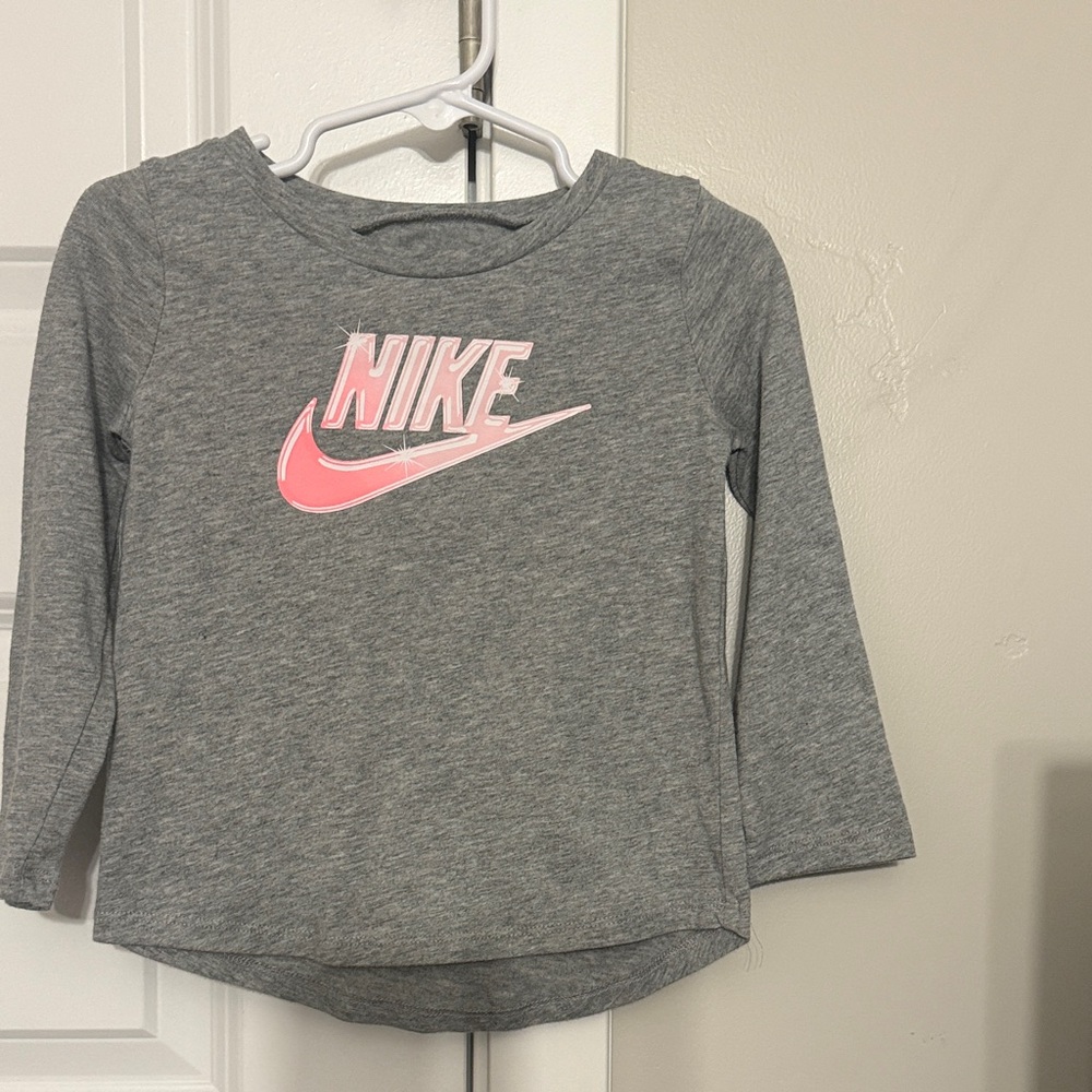 Nike Kids Long Sleeve Gray Tee with Pink Logo